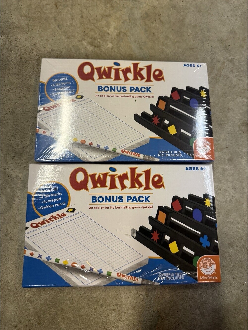 Qwirkle Bonus Pack with Storage Box Tile Racks Scoring Pad and Pencil. lot of 2